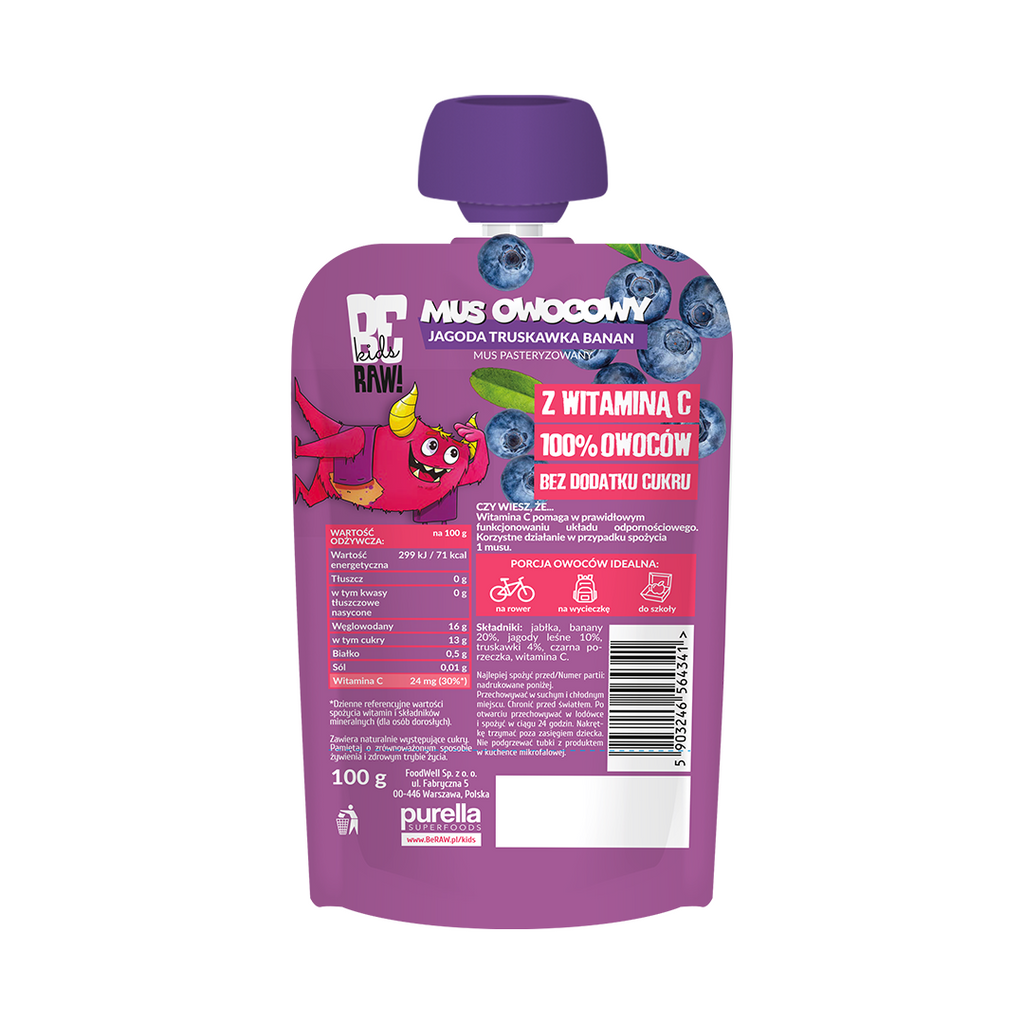 BeRAW Kids Mus Jagoda Banan Truskawka 100g - sklep Purella.pl