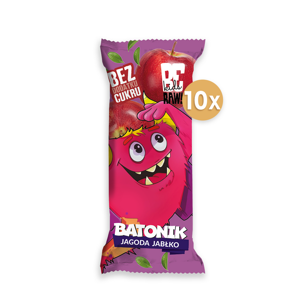 Zestaw 10 szt - BeRAW Kids Baton owocowy - Jagoda - Jabłko 25g, baton dla dzieci - sklep Purella.pl