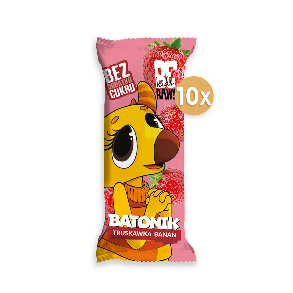 Zestaw 10 szt - BeRAW Kids Baton owocowy - Truskawka - Banan 25g, baton dla dzieci - sklep Purella.pl