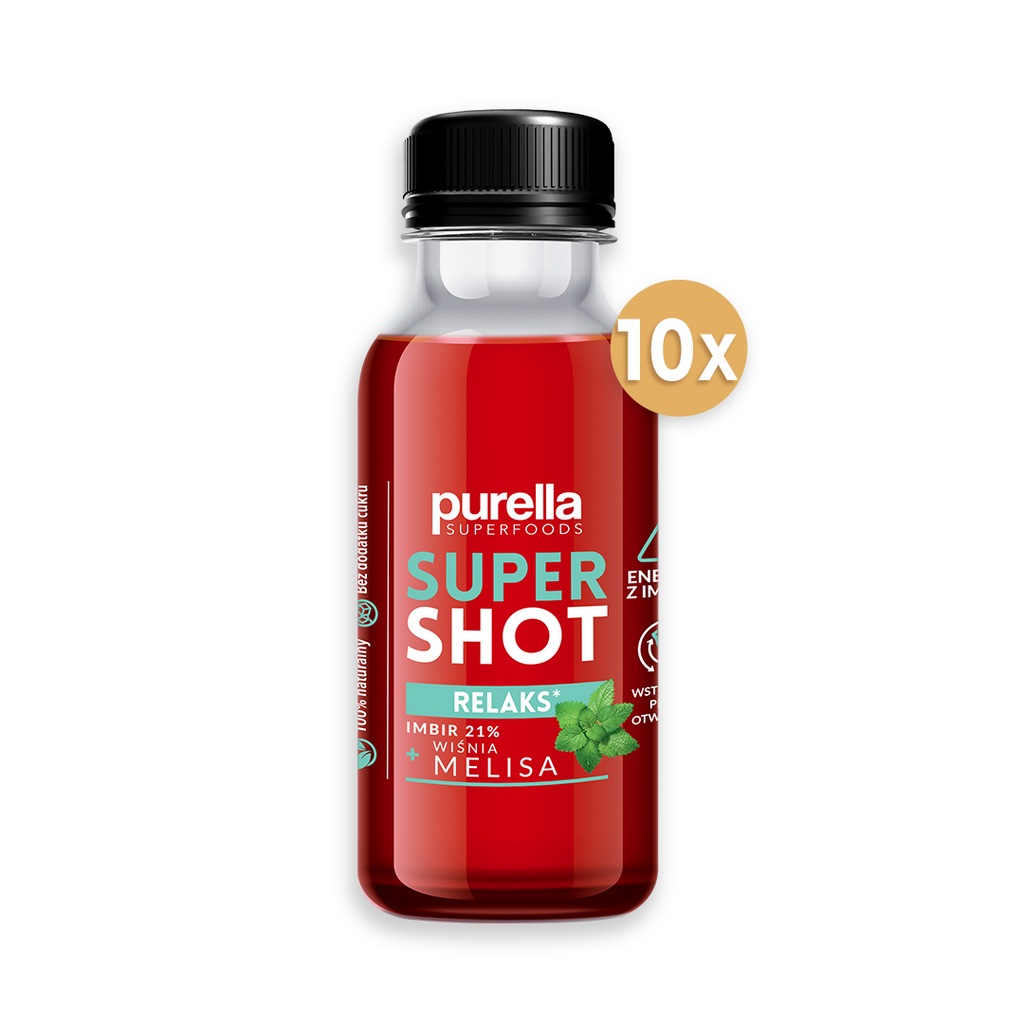 Zestaw 10 szt - Purella SuperShot Relax, napój imbirowy z melisą na relax 100ml