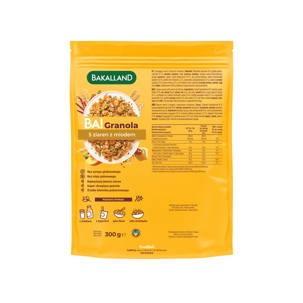 BA! Granola 5 ziaren z miodem 300g - sklep Purella.pl
