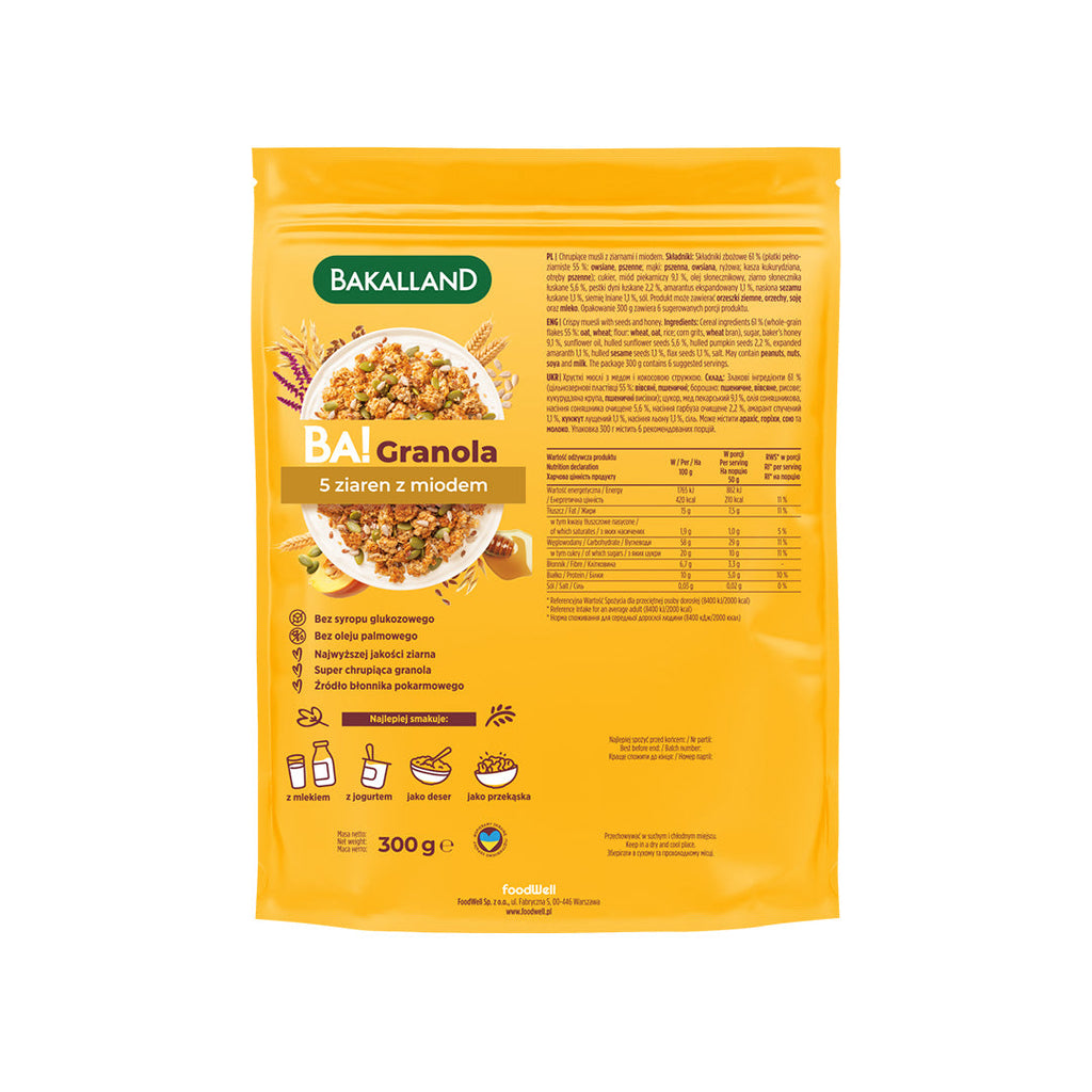 BA! Granola 5 ziaren z miodem 300g - sklep Purella.pl